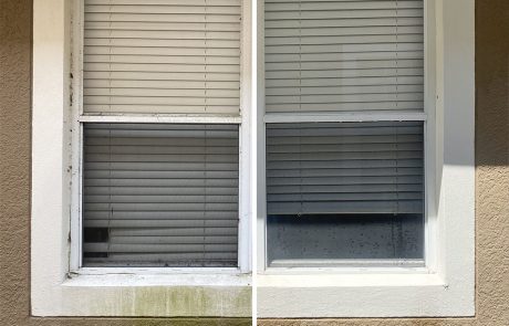 windows and house wall before and after cleaning